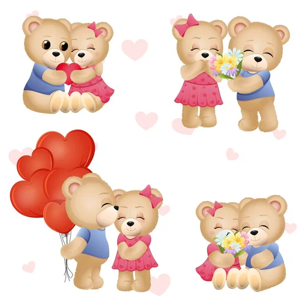 Ensemble Amoureux Ours Peluche Illustration Vectorielle — Image vectorielle