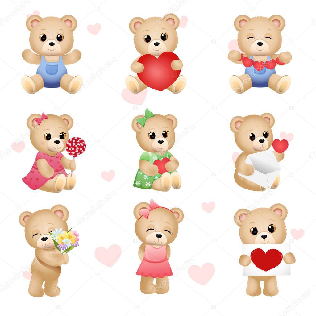 Set of cute teddy bears. Vector illustration 