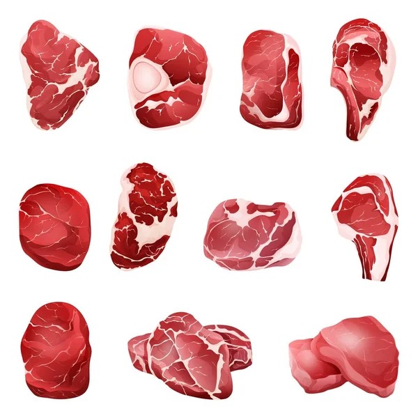 Vector 세트의 Cuts Meat 쇠고기 돼지고기 Lamb Raw — 스톡 벡터