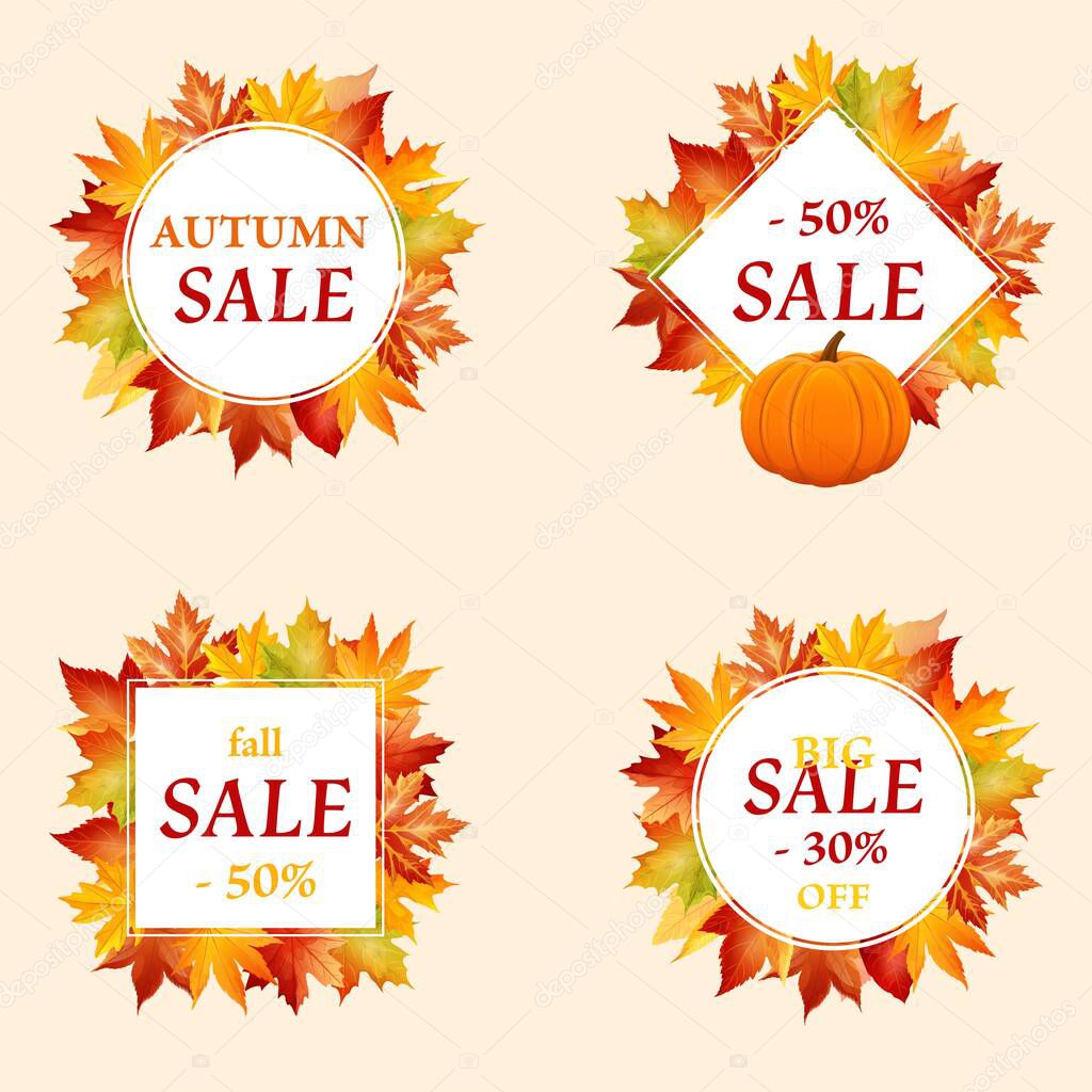 Set of autumn fall season abstract compositions with leaves . Sale discount special offers text and colorful gradient shapes.