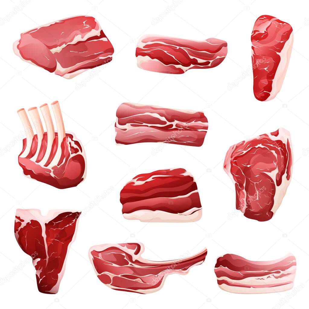 Vector set of meat cuts.Meat parts animals beef, pork, lamb.Raw meat illustration