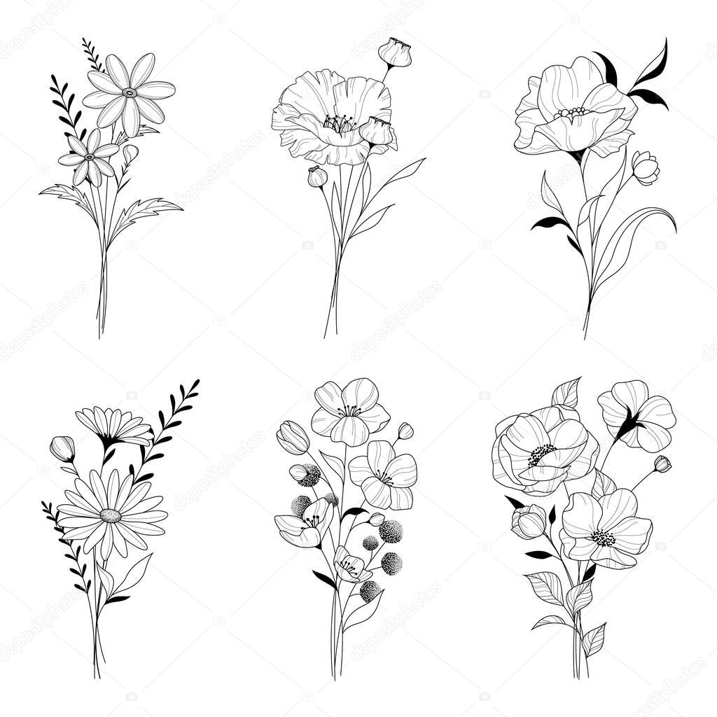 Vector hand drawn flower and leaf elements. Vintage flowers doodle collection design, template, wedding card, invitation, greeting card, poster, tattoo, postcard.