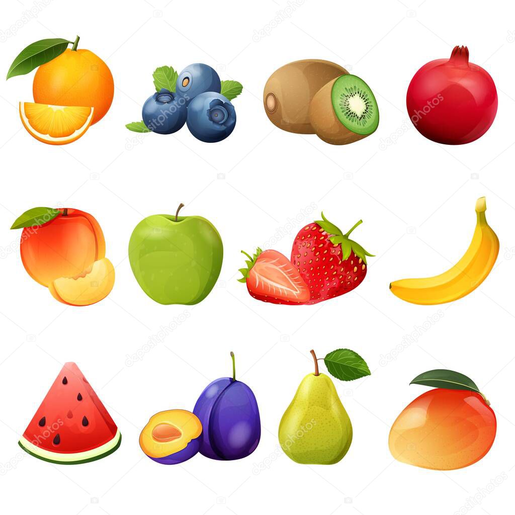 Fruits and berries, set of colored icons.Realistic vector illustration