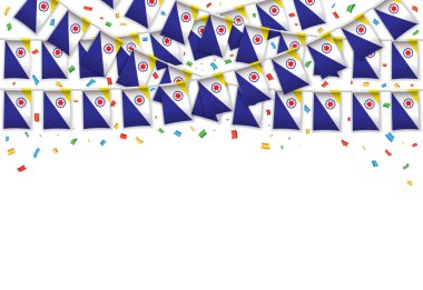 Bonaire flag garland white background with confetti, Hang bunting for Bonaire Independence Day celebration template banner, Vector illustration clipart