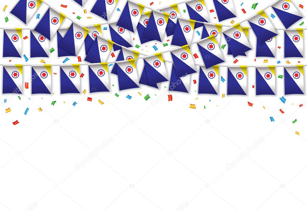 Bonaire flag garland white background with confetti, Hang bunting for Bonaire Independence Day celebration template banner, Vector illustration
