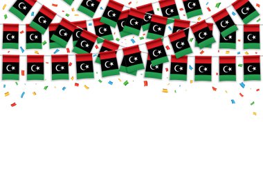 Libya, konfetili beyaz çelenk arkaplanı, Ulusal Bayram şablonu için asma bayrağı, Vektör illüstrasyonu