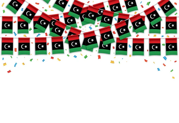 Líbia Bandeiras Guirlanda Fundo Branco Com Confete Hang Bunting Para — Vetor de Stock