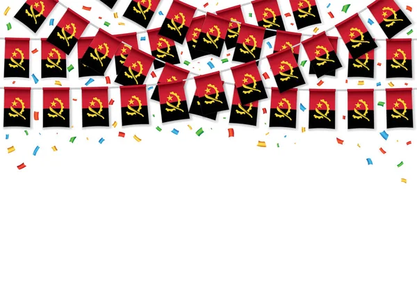 Guirnalda Bandera Angola Fondo Blanco Con Confeti Pancarta Celebración Del — Vector de stock