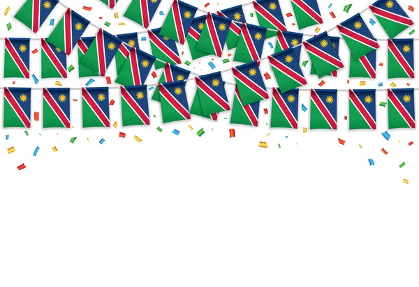 Namibia Flaggen Girlanden Weißen Hintergrund Mit Konfetti Hängebahn Für Unabhängigkeitstag — Stockvektor