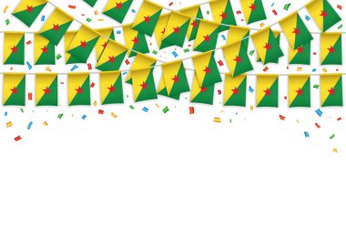 Fransız Guyanası, konfetili çelenk beyazı arka planda, Fransız Guyanası bağımsızlık günü şablonu bayrağı, Vektör illüstrasyonu