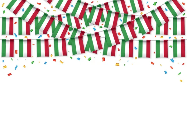 Hongrie Drapeau Guirlande Fond Blanc Avec Confettis Bruant Suspendu Pour — Image vectorielle