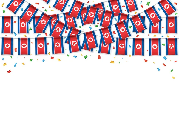 North Korea Flag Garland Background Confetti Hang Bunting Independence Day — Stok Vektör