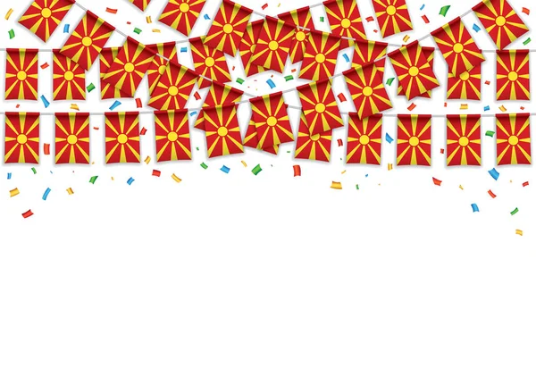 North Macedonia Flag Garland Background Confetti Hang Bunting Independence Day — Vector de stock