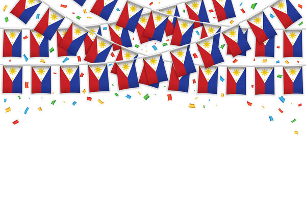 Флаги Филиппин гирлянда белый фон с конфетти, Бантинг для празднования Дня независимости Филиппин баннер шаблон, векторная иллюстрация