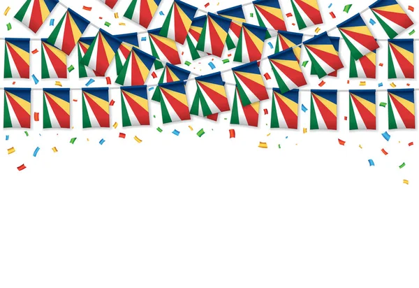 Seychellen Vlaggen Slinger Witte Achtergrond Met Confetti Opknoping Gors Voor — Stockvector