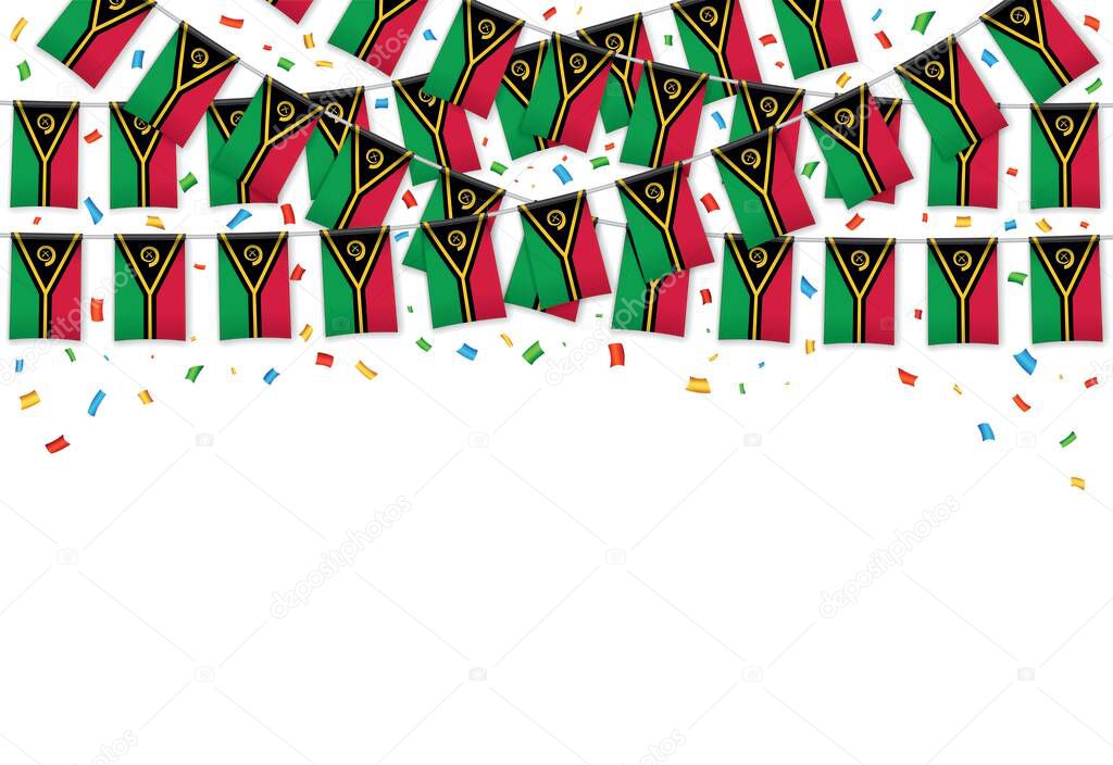Vanuatu City flags garland white background with confetti, Hanging bunting for Independence Day celebration template banner, Vector illustration
