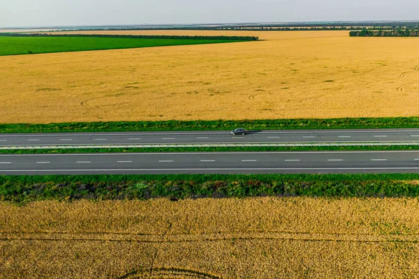 Samotny Czarny Samochód Jadący Asfaltową Drogą Wzdłuż Żółtych Pól Pszenicy — Zdjęcie stockowe