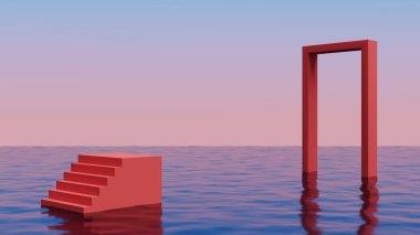 Okyanusun üzerinde yüzen kırmızı merdiven ve kırmızı kemer. Soyut minimum sürrealite arkaplan 33D görüntüleme..
