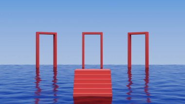 Okyanusun üzerinde yüzen kırmızı merdiven ve kırmızı kemer. Soyut minimum sürrealite arkaplan 33D görüntüleme..
