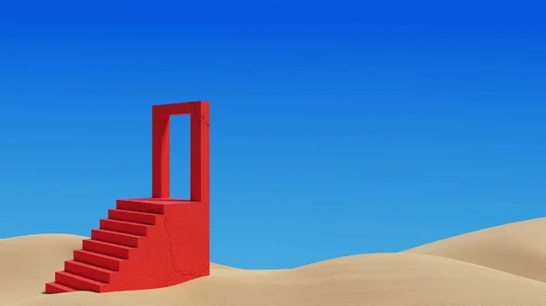 Red Concrete Staircases Portal Sand Dunes Surreal Desert Landscape Minimal — Stock Photo, Image