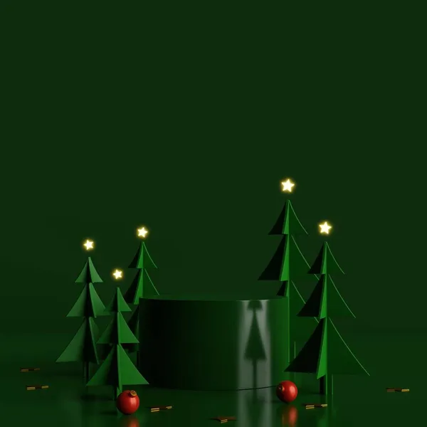 Minimal Scene Green Cylinder Podium Pine Trees Midnight Green Background — Stock Photo, Image
