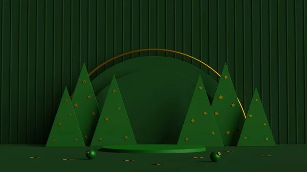 Minimální Scéna Zeleného Pódia Geometrickým Tvarem Borovicemi Zeleném Pozadí Veselé — Stock fotografie