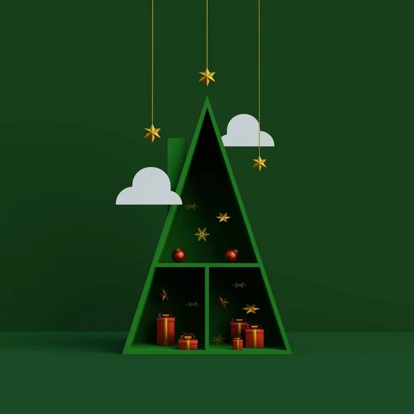 Minimální Scéna Geometrickým Tvarem Borovice Půlnočním Zeleném Pozadí Veselé Vánoce — Stock fotografie