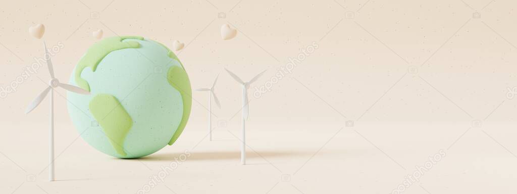 Happy earth day concept.Earth, Wind turbine and Heart with paper texture on pastel color background.Minimal scene for mockup design. 3D rendering illustration.