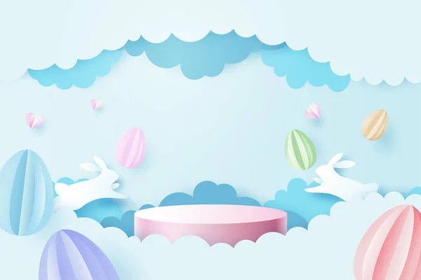 Buona Pasqua Sfondo Carta Arte Uova Pasqua Coniglio Con Nube — Vettoriale Stock