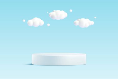 3d beyaz silindir podyum ve bulut, asgari özet arkaplan. Vektör illüstrasyonu.