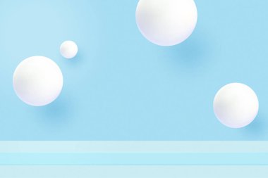 3d özet asgari sahne geometrik şekil şablonu. Mavi arkaplan üzerinde beyaz daire küre. Vektör illüstrasyonu.