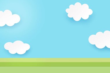 3d Kağıt soyut kesim asgari sahne geometrik şekil şablon arka plan. Mavi gökyüzü arkaplanı üzerinde beyaz bulut. Vektör illüstrasyon.