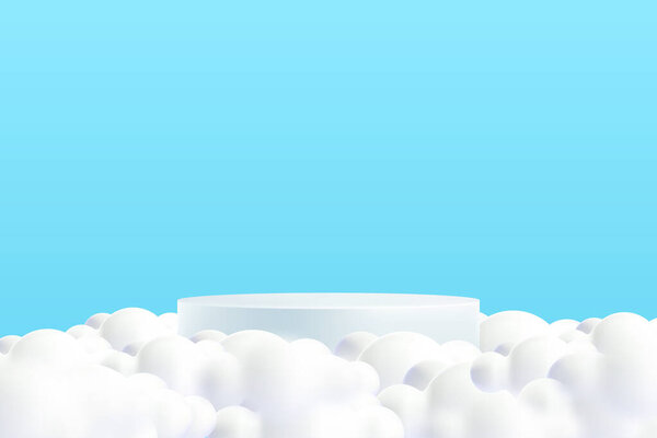 White product podium surrounded by white clouds on blue sky background.Minimal scene abstract background.Vector illustration.