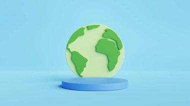 Dünya Küresi ile 3d silindir podyumu. Yeşil eko ürün afiş şablonu arkaplan 3D resimleme.