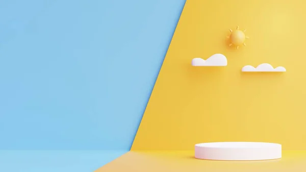 3D Podium cartoon with sun and clouds on blue background.Minimal style of summer vacation concept.3D Rendering Illustration.