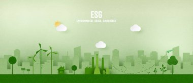 Çevre, sosyal ve yönetim kavramı olarak ESG. Yeşil ekoloji ve alternatif yenilenebilir enerji. Kağıt sanatı temsilciliği.