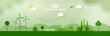 Çevresel sosyal ve yönetim kavramı olarak ESG. Yeşil ekoloji ve alternatif yenilenebilir enerji. Kağıt sanatı temsilciliği.