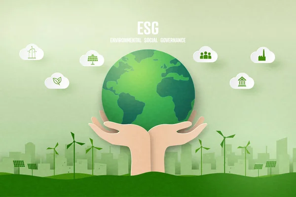 Esg Como Conceito Ambiental Social Governança Ecologia Verde Energias Renováveis — Vetor de Stock