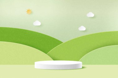3d kağıt soyut minimum geometrik şekil şablon arka plan. Yeşil doğa dağları üzerinde beyaz silindir podyum. Vektör illüstrasyon.