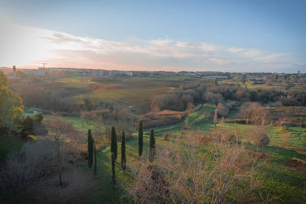 Amanecer Escénico Los Campos Del Sur Roma Italia — Foto de Stock