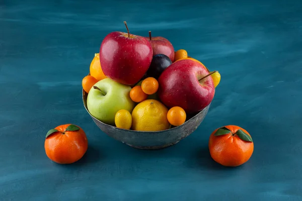 Bowl Various Fresh Fruits Placed Blue Background — Stock Photo, Image