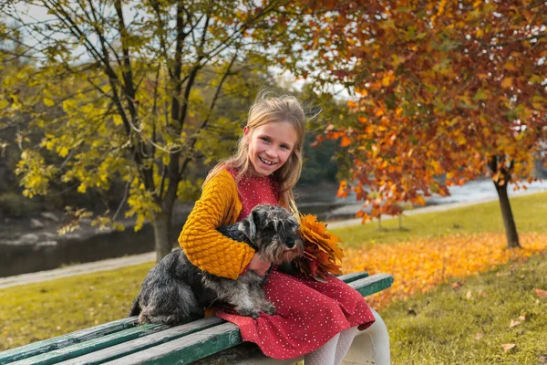 Niña feliz jugando con hojas amarillas caídas en el parque de otoño. Chica disfrutar al aire libre. Otoño otoño humor. — Foto de Stock