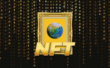 NFT nonfungible tokens concept. A world pixel art picture in antique frame on cryptographic background. NFT word on all elements. NFT crypto art design 3D render