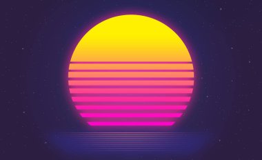 80s synthwave styled landscape with retro sunset and blue sea on the arcade space planet. Retrowave glowing design for poster, electronic music cover, wallpaper. Sci-fi concept with neon colors.