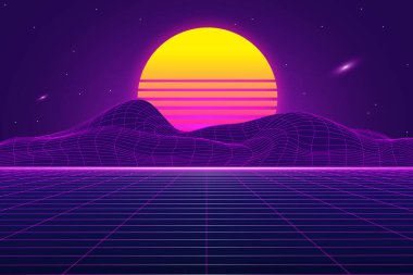 80s synthwave styled landscape with retro sunset, laser perspective grid floor and purple mountains on the arcade space planet. Retrowave glowing design for poster, electronic music cover, wallpaper.