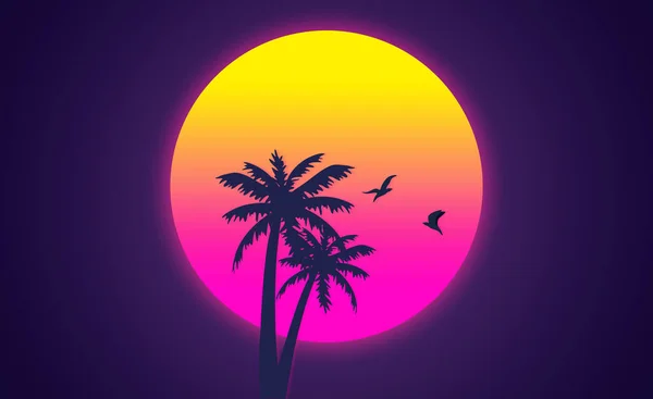 80S Synthwave Retrowave Estilo Con Silueta Palmera Silueta Pájaro Puesta — Foto de Stock