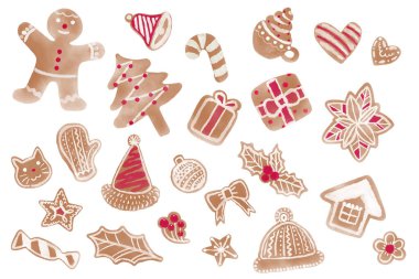 Bir set suluboya Noel kurabiyesi. Clipart.