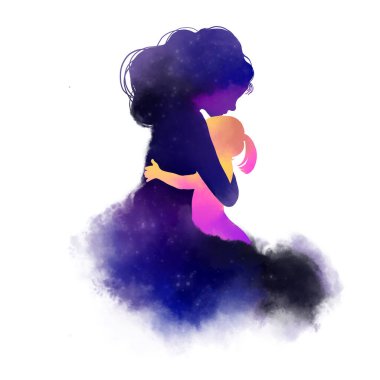 Anne küçük kızına sarılıyor ve soyut suluboya boyayla boyanmış. Anneler Günün kutlu olsun. Dijital resim.