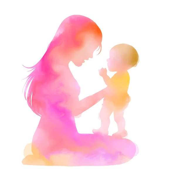 幸せな母親の日 赤ちゃんのシルエットと抽象的な水彩画で幸せなお母さんの側のビュー 幸せなお母さんの日 二重露光図 デジタルアート絵画 — ストック写真