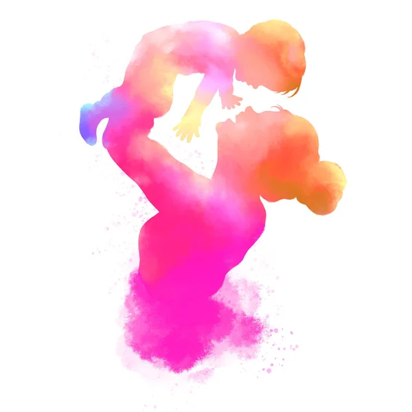 Happy mother\'s day. Side view of Happy mom with her baby silhouette plus abstract watercolor painting.Happy mother\'s day. Double exposure illustration. Digital art painting.